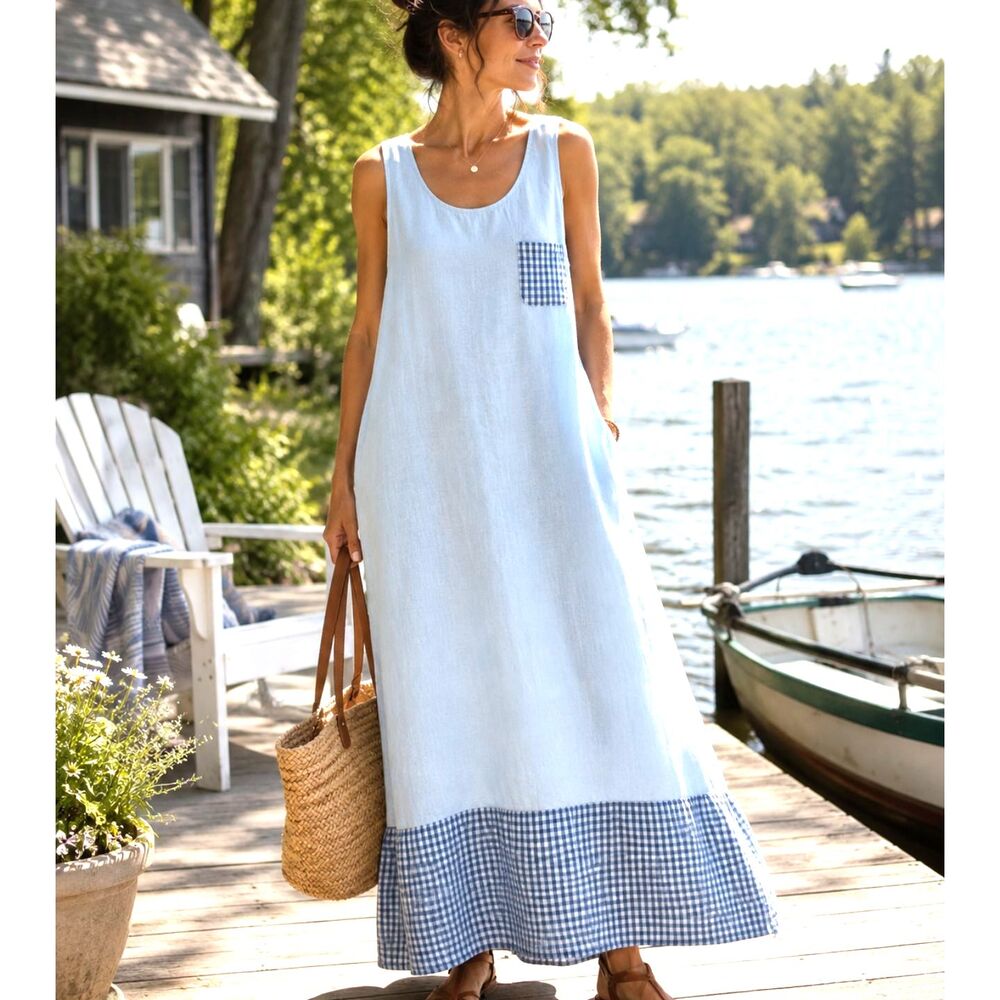 Orvis 100% Linen Maxi Dress Blue Gingham Pocket Sleeveless Womens Cottage Small